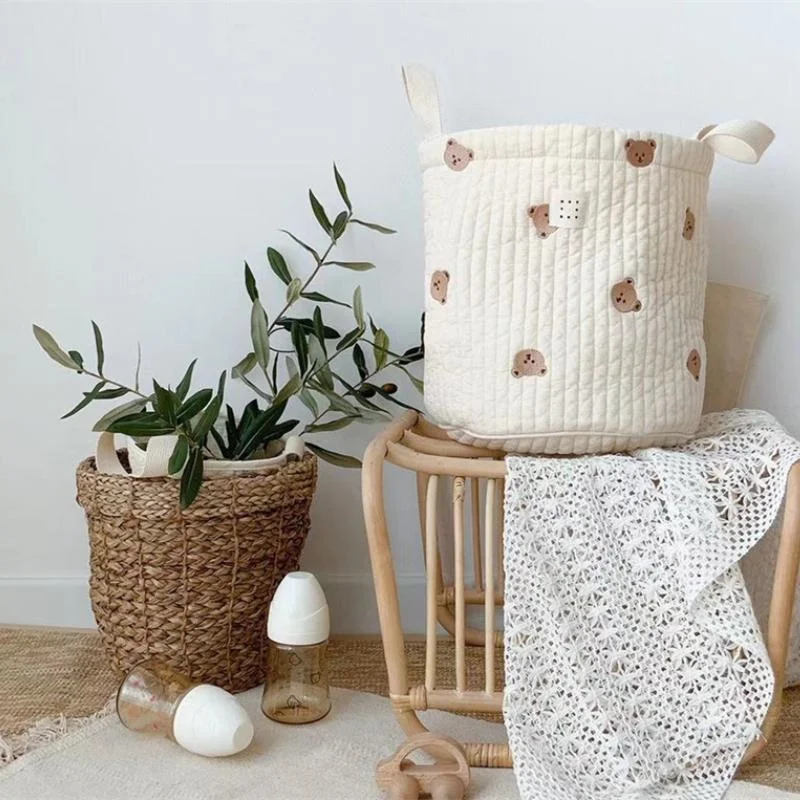 Kids Toys Basket - かわいいクマの刺繍入りおむつバッグ、おむつオーガナイザー、コットン製ママバッグ、新生児、子供用収納バッグ、洗濯物、おもちゃ用バスケット