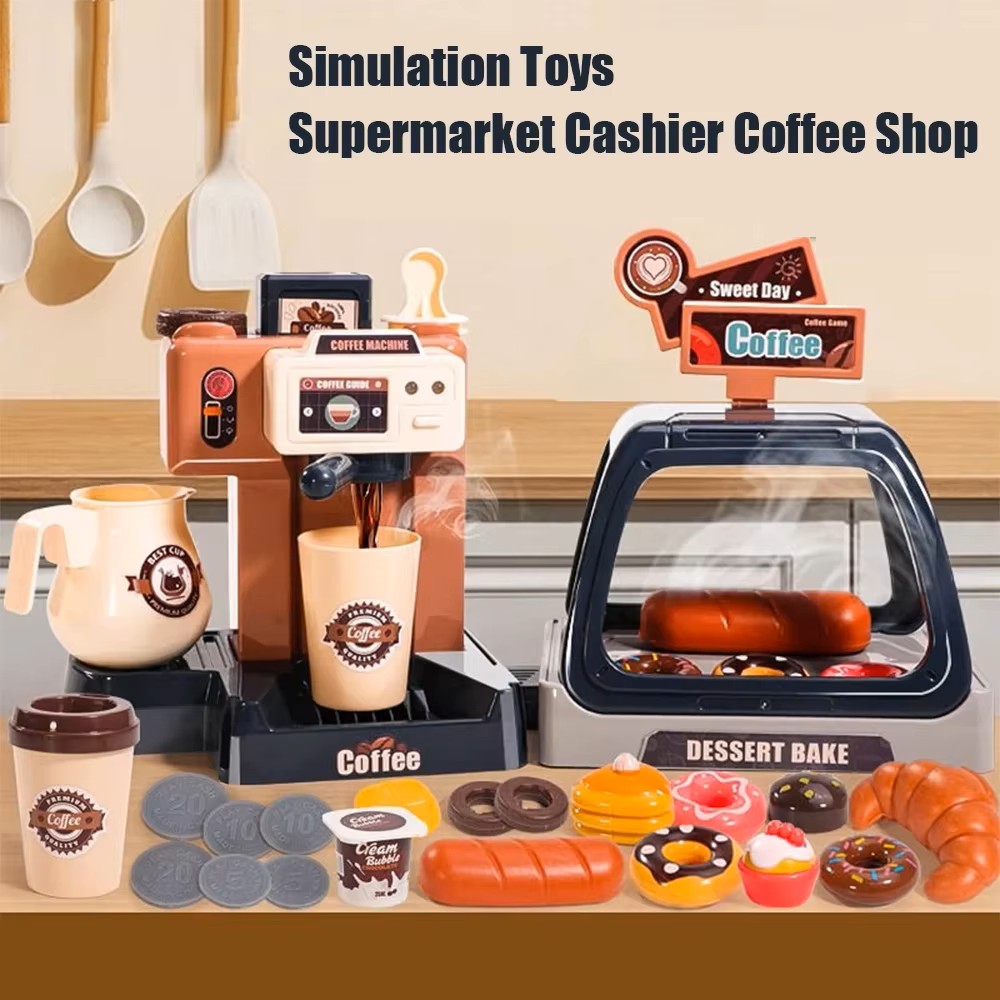 Toy Cash Register - 3in1コーヒーメーカーおもちゃセット キッチンおもちゃ 模擬食品 パン コーヒー ケーキ