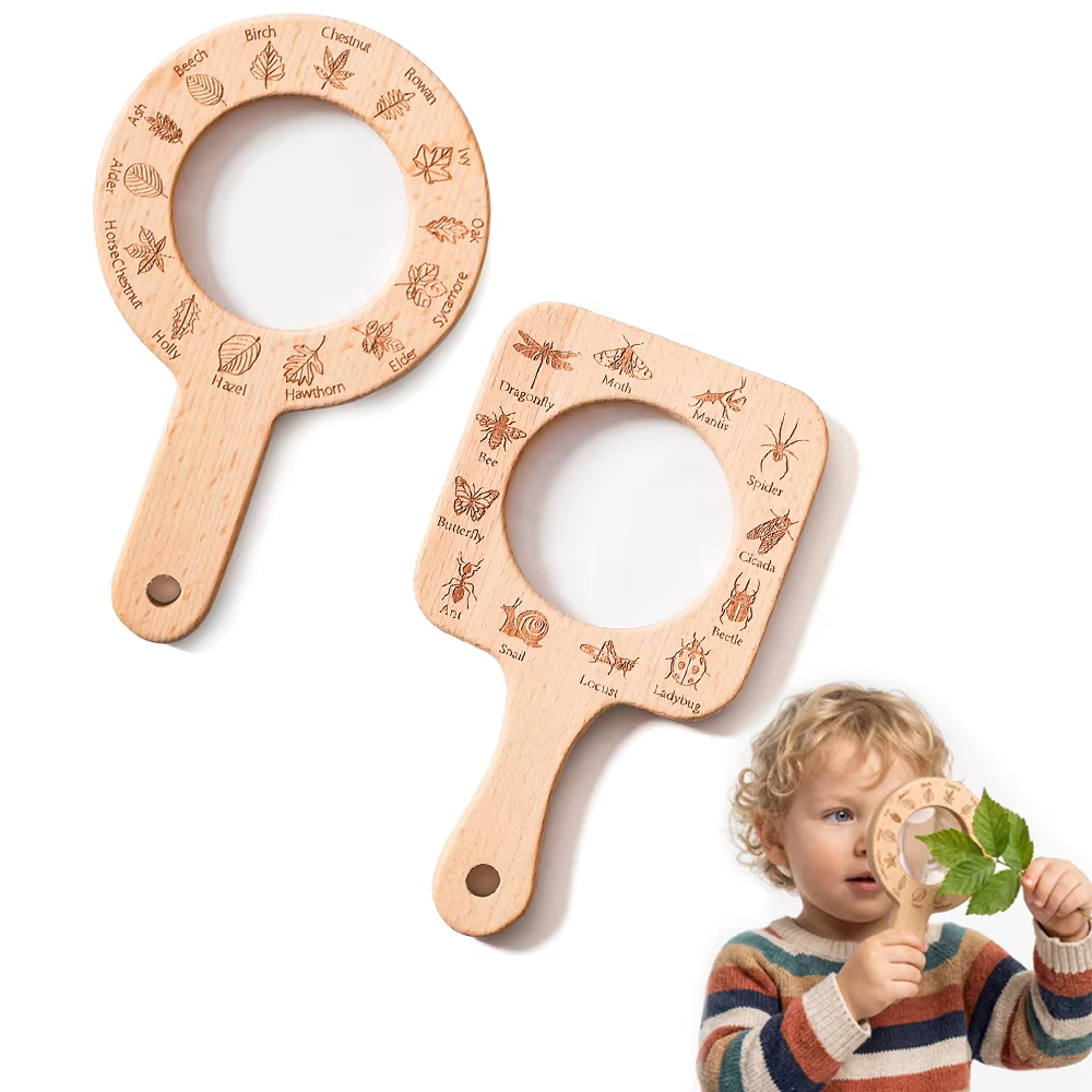 Kids Toys Learning - 子供用木製拡大鏡 自然観察 昆虫や葉っぱの滑らかな表面 屋外探検 STEM学習ギフト おもちゃ