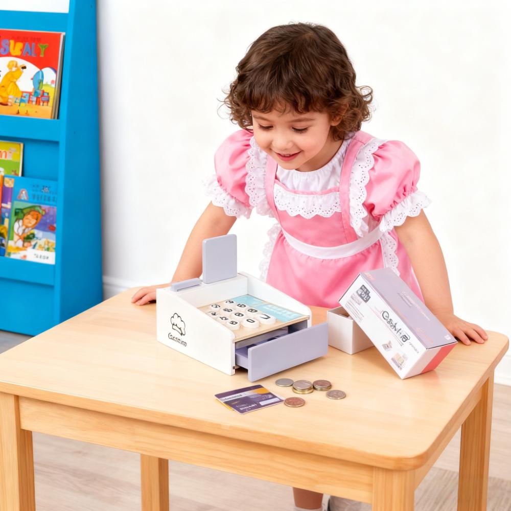 Toy Cash Register - 木製キッズレジスターごっこ遊びセット、インタラクティブなチェックアウトおもちゃ、コインとカードリーダー付き、早期学習ロールプレイ用