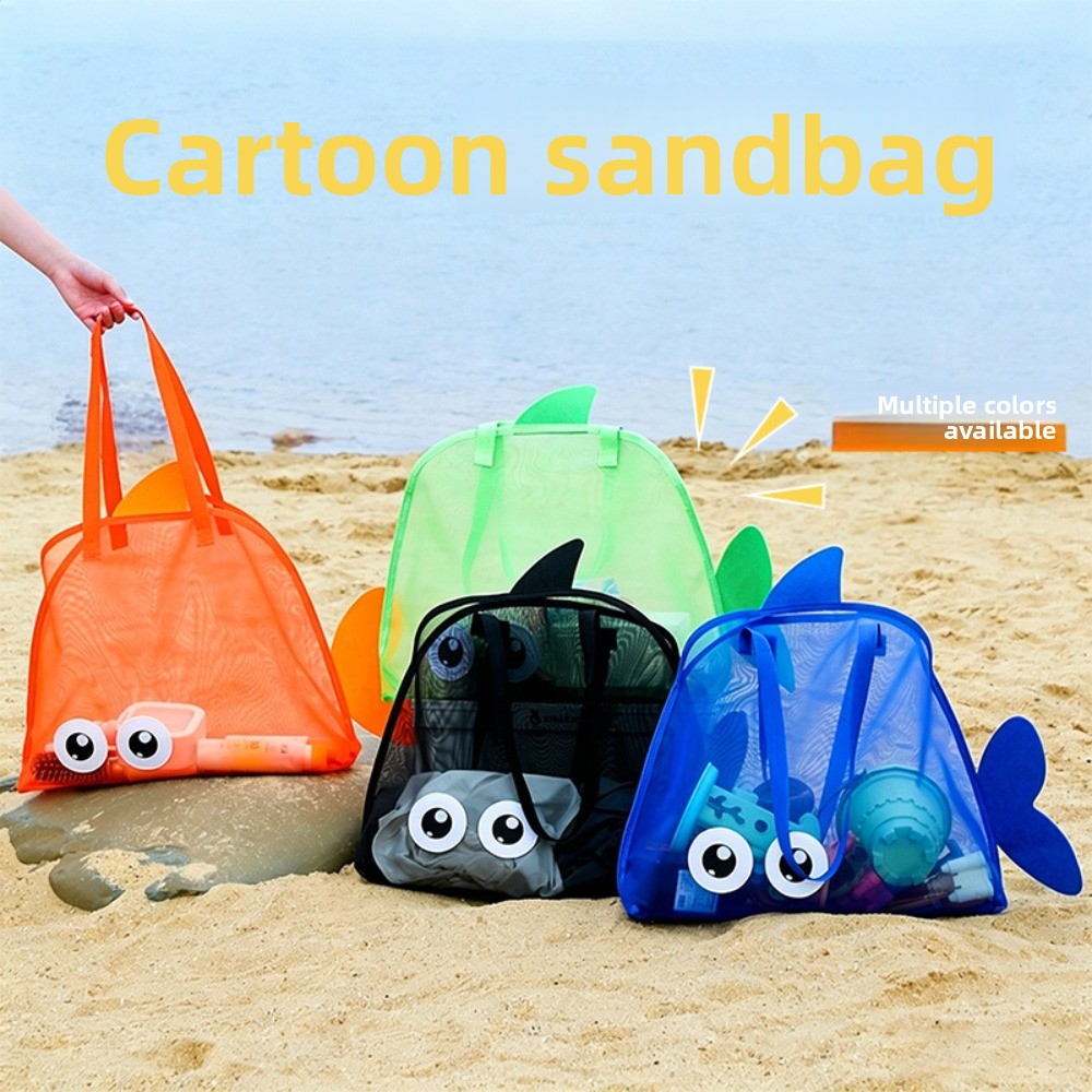 Kids Toys Bag - キッズメッシュビーチバッグ カラフルな漫画のサメ 動物 砂が入らない 速乾性 シェルおもちゃ収納オーガナイザー