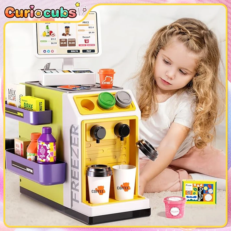 Toy Cash Register - ミニスーパーマーケットレジシミュレーションショッピングチェックアウトコーヒー自動販売カウンターセット子供ロールプレイングおもちゃ女の子の誕生日プレゼント