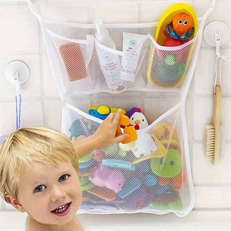 Kids Toys Basket - ホームオーガナイザー キッズ用収納 吸盤式 浴室用バスタブ人形吊り下げバッグ ホワイト ベビーバスおもちゃバスケット