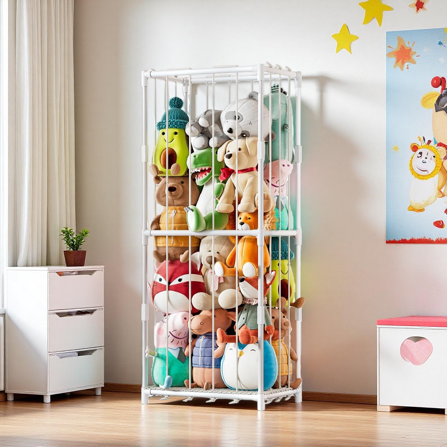 Kids Storage Toys - 縦型ぬいぐるみ収納オーガナイザー、動物園テーマのぬいぐるみ陳列棚、省スペースメタルフレームホルダー、伸縮ネット付き、自立式コーナー収納、子供部屋、保育園、寝室、ベビー部屋の整理整頓に