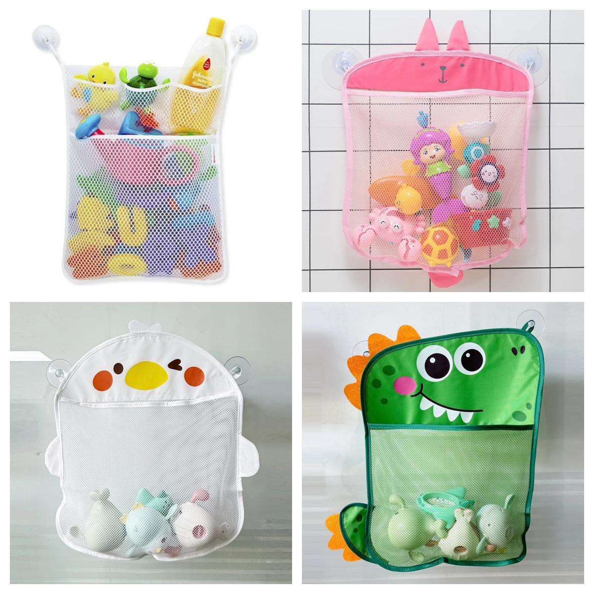 Kids Toys Basket - ベビーバスルーム用メッシュバッグ、漫画風動物の形をした布製砂遊びおもちゃ収納ネットバッグ、吸盤付きオーガナイザー、子供用お風呂おもちゃキッズバスケット