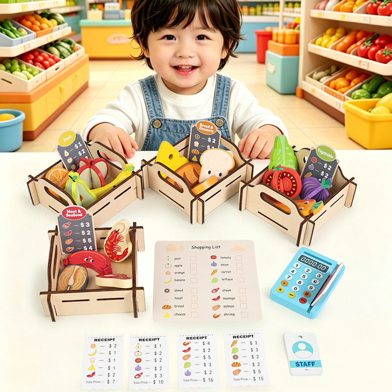Toy Cash Register - 木製スーパーマーケットごっこ遊びセット、子供用シミュレーション果物野菜レジおもちゃ、モンテッソーリ教育ロールプレイギフト