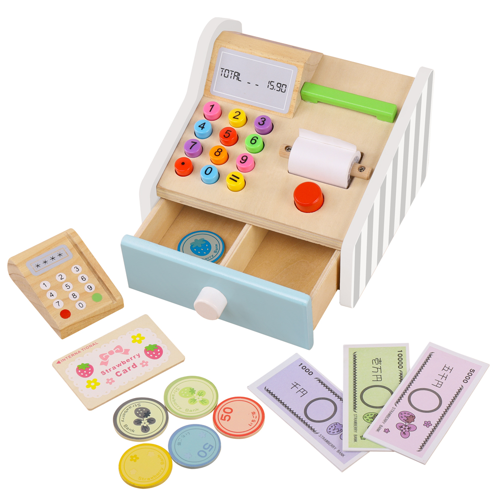 Toy Cash Register - 子供のための木製レジおもちゃ,ロールプレイングゲーム,子供のシミュレーション,教育的なコスプレおもちゃ,店