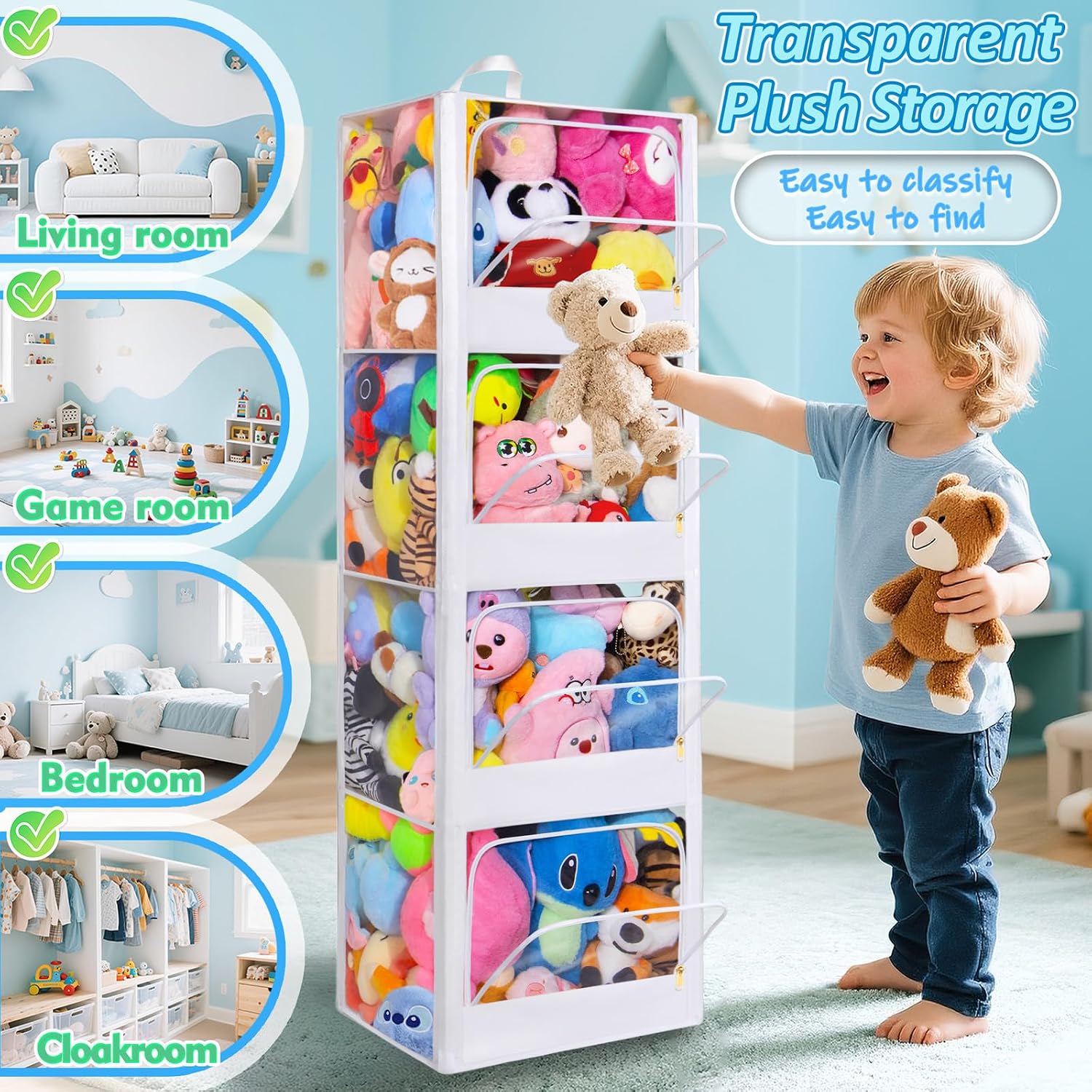 4段透明ジッパー式防塵ぬいぐるみ収納オーガナイザー、横置き＆ - Kids Storage Toys のレビューと価格