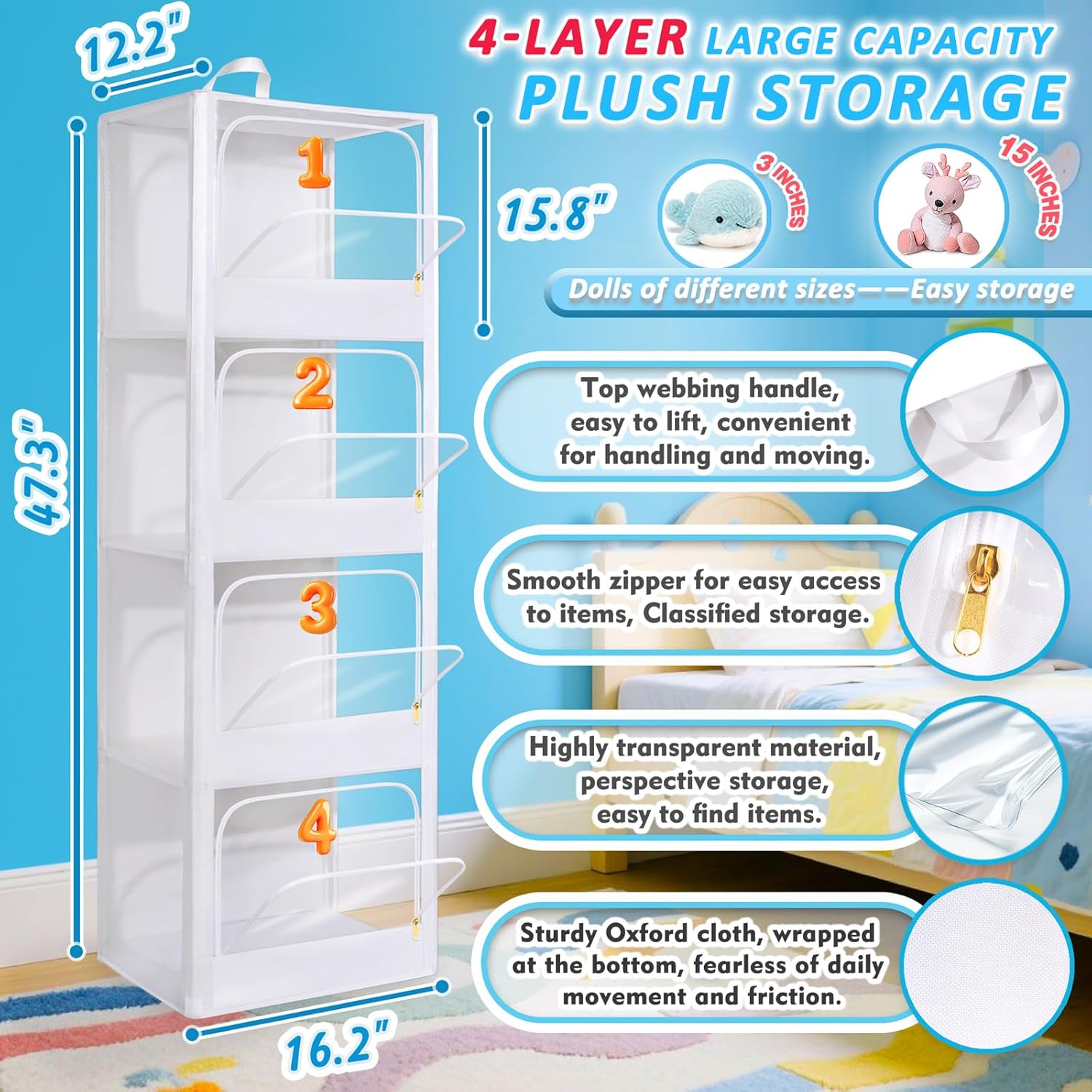 4段透明ジッパー式防塵ぬいぐるみ収納オーガナイザー、横置き＆ - Kids Storage Toys のレビューと価格
