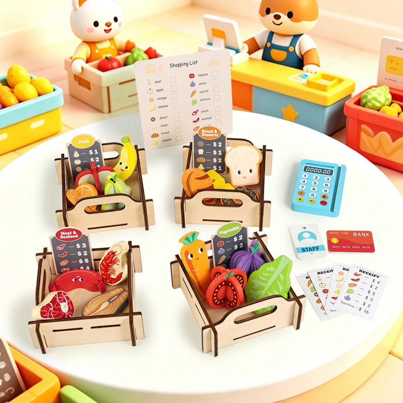 木製スーパーマーケットごっこ遊びセット、子供用シミュレーショ - Toy Cash Register のレビューと価格
